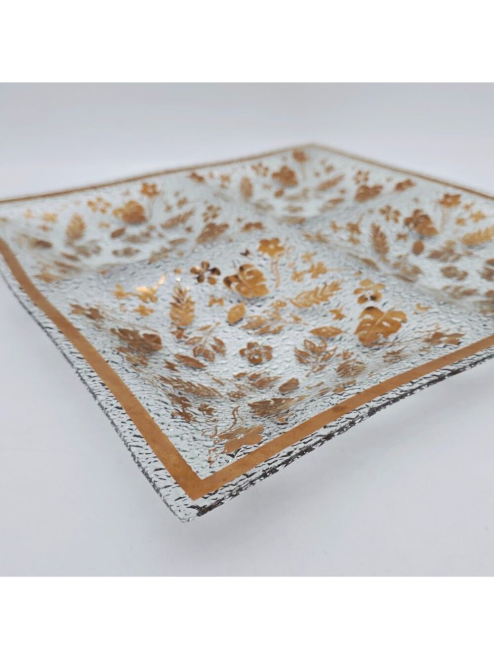 MCM Golden Foliage Divided Textured Glass Tray 4 Sections Large 16" x 16" - Picture 5 of 11